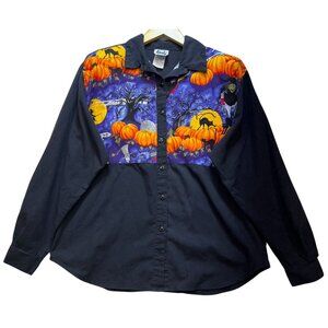 Vintage Tapestry Womens  Button Up Shirt Long Sleeve Size L Black Halloween